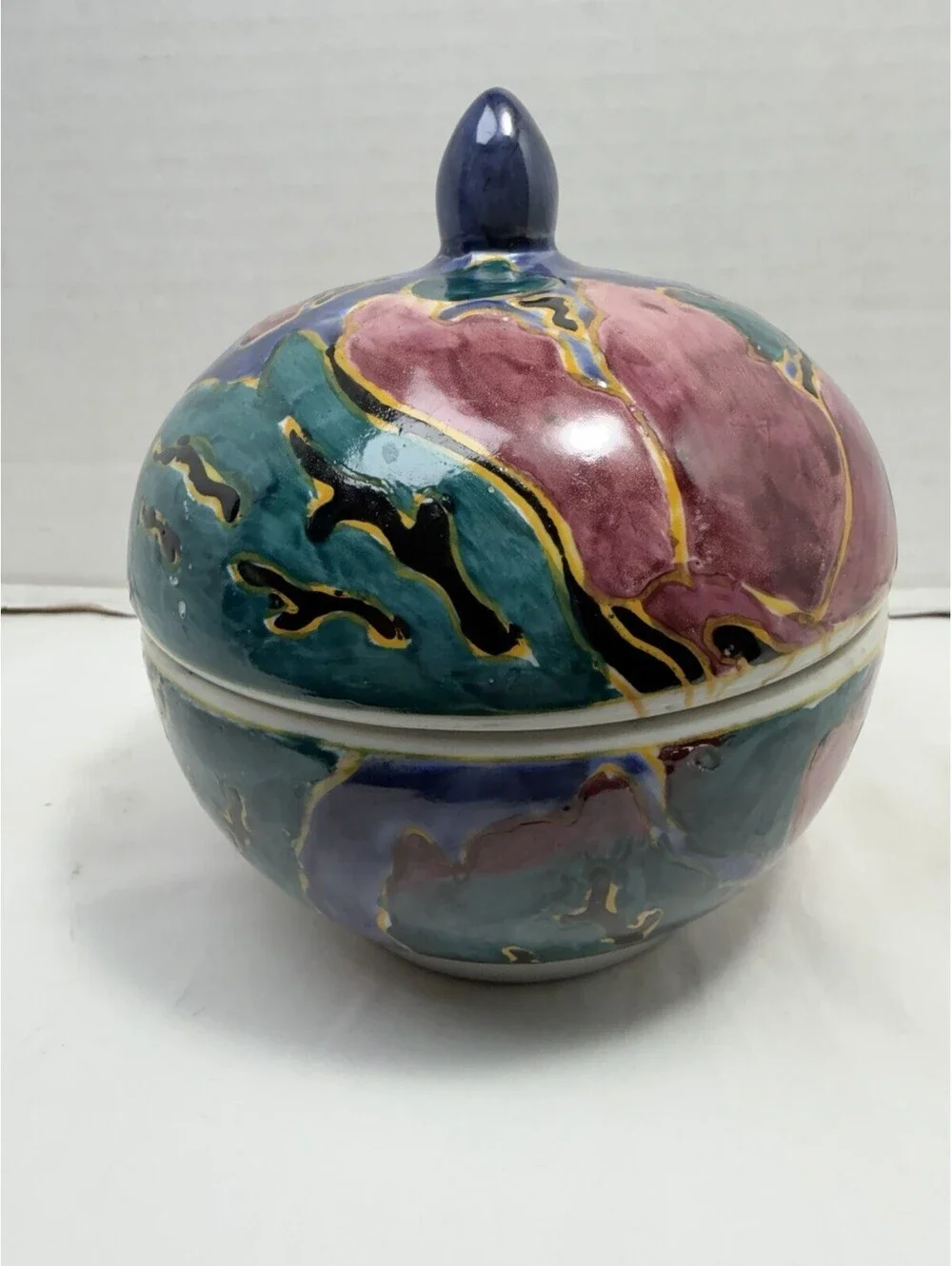 Vintage Hand Painted Studio Pottery Lidded Round Dish Abstract Glaze Ceramic